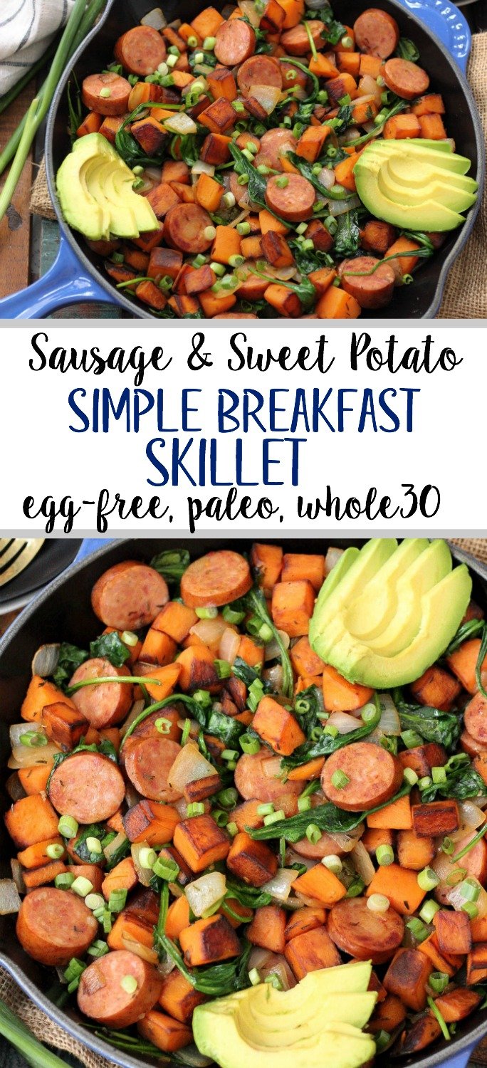 An easy Paleo egg-free breakfast recipe is always a simple go to meal. This skillet is full of healthy vegetables, flavorful spices and sausage! This egg-free breakfast is also Whole30 for when you're sick of eggs or want to meal prep breakfast! #eggfreebreakfast #paleobreakfast #whole30breakfast #breakfastskillet #breakfasthash