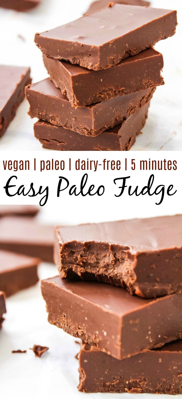 This easy paleo chocolate fudge only needs 5 minutes of your time before you've got a sweet, healthy treat. It's a vegan chocolate fudge, so it's totally dairy-free! Add some maple syrup in for a maple chocolate fudge too! #paleochocolatefudge #veganchocolatefudge #2ingredientfudge