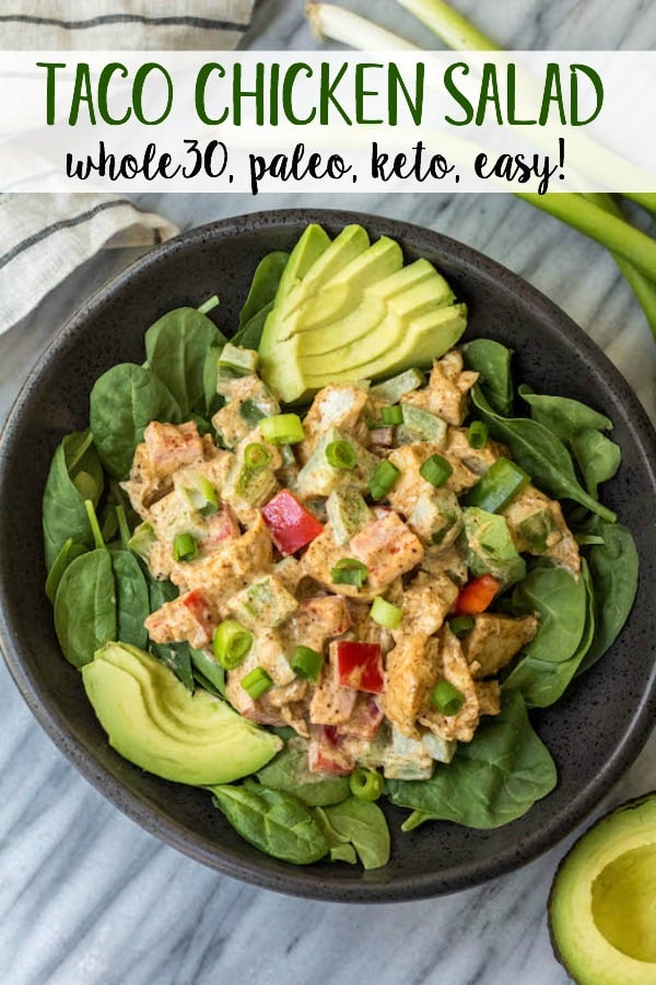 This easy taco chicken salad is a family friendly paleo recipe that only takes 15 minutes to whip together. No cooking needed! It's a great Whole30 salad for meal prep or Whole30 side dish for any event! #paleochickensalad #whole30chickensalad #whole30side