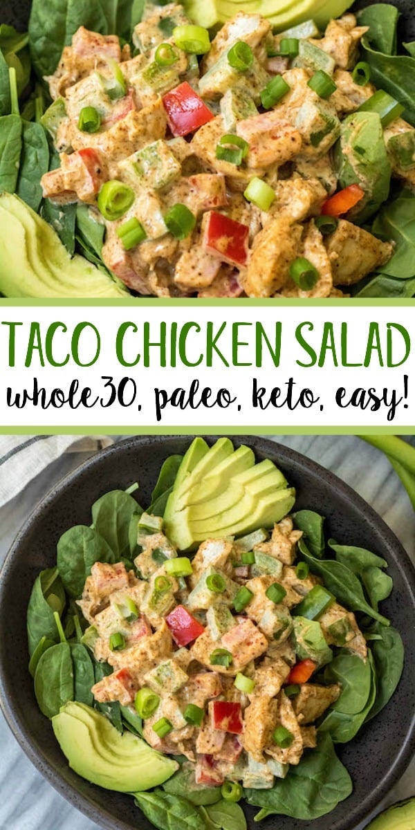 This easy taco chicken salad is a family friendly paleo recipe that only takes 15 minutes to whip together. No cooking needed! It's a great Whole30 salad for meal prep or Whole30 side dish for any event! #paleochickensalad #whole30chickensalad #whole30side