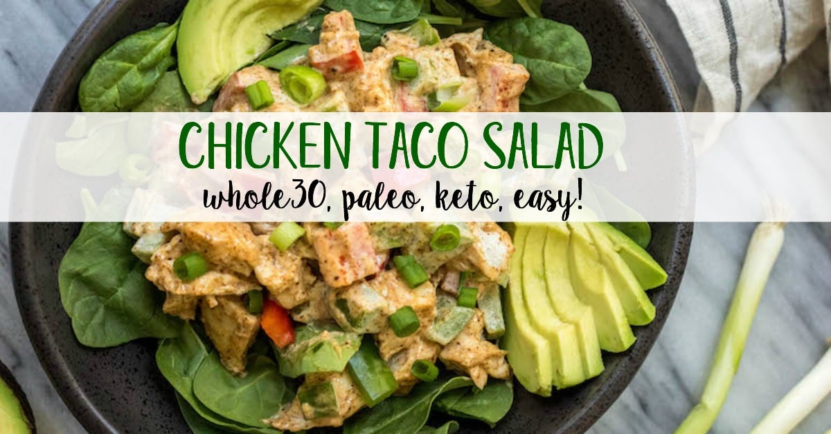 This easy taco chicken salad is a family friendly paleo recipe that only takes 15 minutes to whip together. No cooking needed! It's a great Whole30 salad for meal prep or Whole30 side dish for any event! #paleochickensalad #whole30chickensalad #whole30side