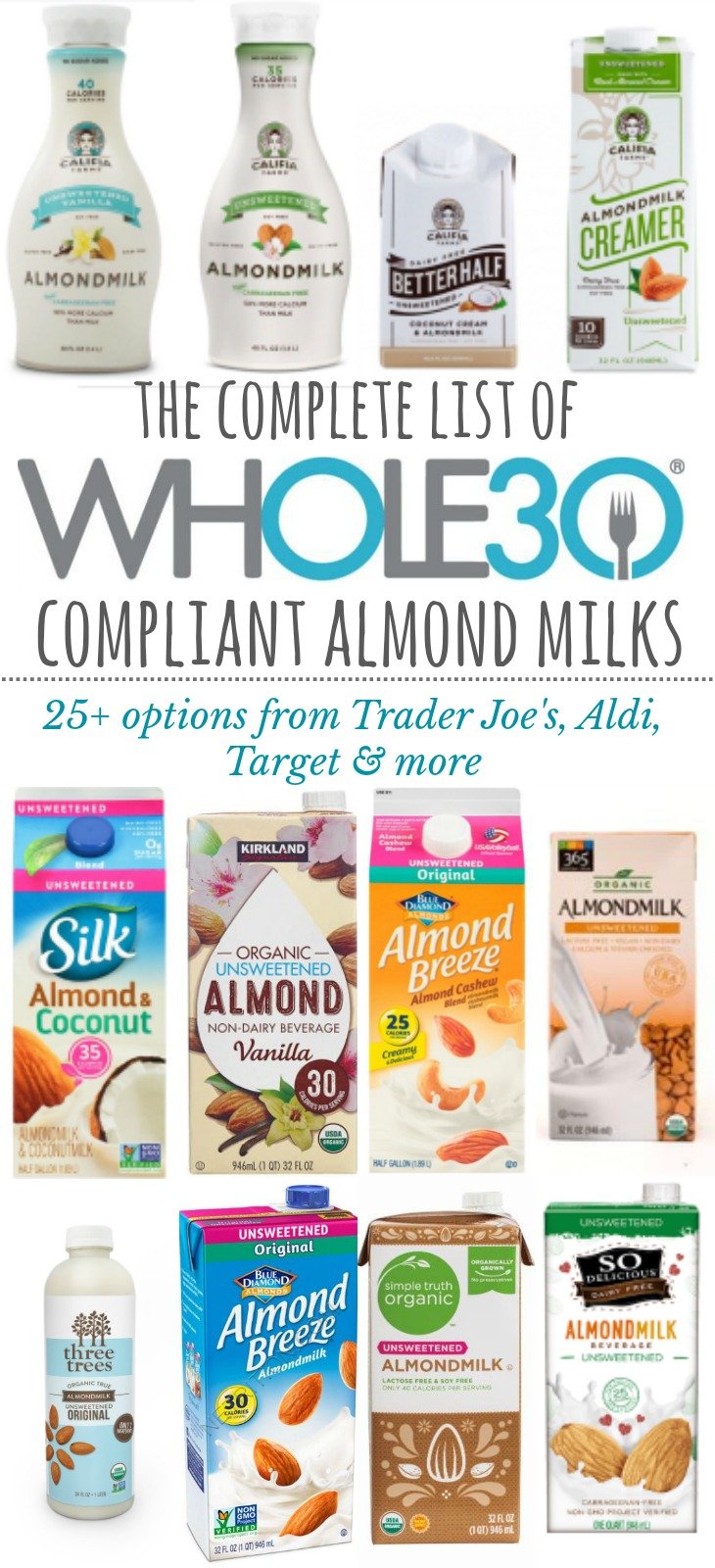 Whole30 compliant almond milk is hard to find, but it doesn't have to be! This list of Whole30 approved almond milk and Whole30 compliant coconut milk will help you breeze through the store! #whole30almondmilk #whole30compliantalmondmilk #whole30approvedalmondmilk