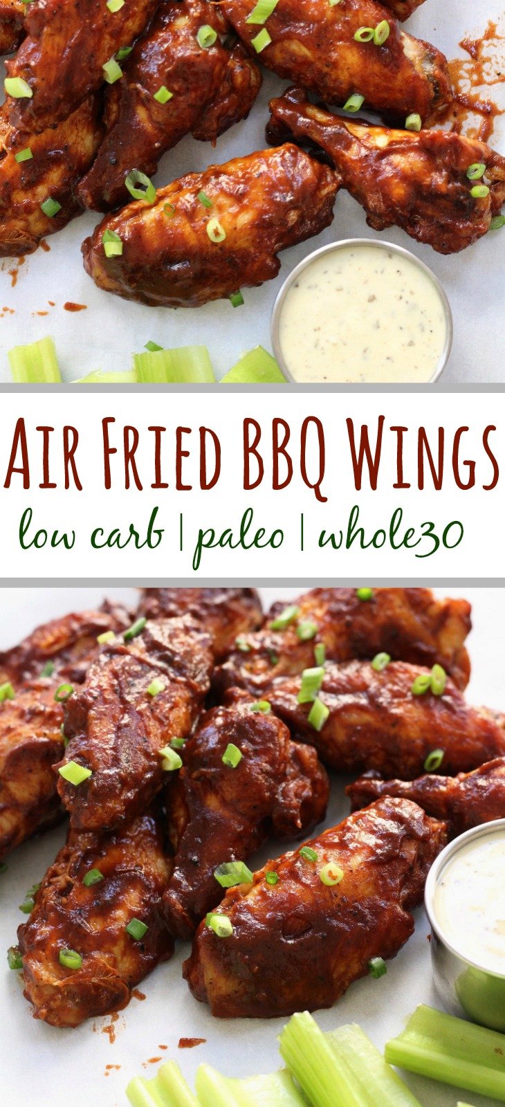 Healthy, low carb BBQ wings in the air fryer! This paleo air fryer chicken wing recipe is Whole30 and doesn't leave you any dishes to wash! #whole30airfryer #airfryerwings #airfryerpaleo #airfryerketo