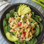 This easy taco chicken salad is a family friendly paleo recipe that only takes 15 minutes to whip together. No cooking needed! It's a great Whole30 salad for meal prep or Whole30 side dish for any event! #paleochickensalad #whole30chickensalad #whole30side