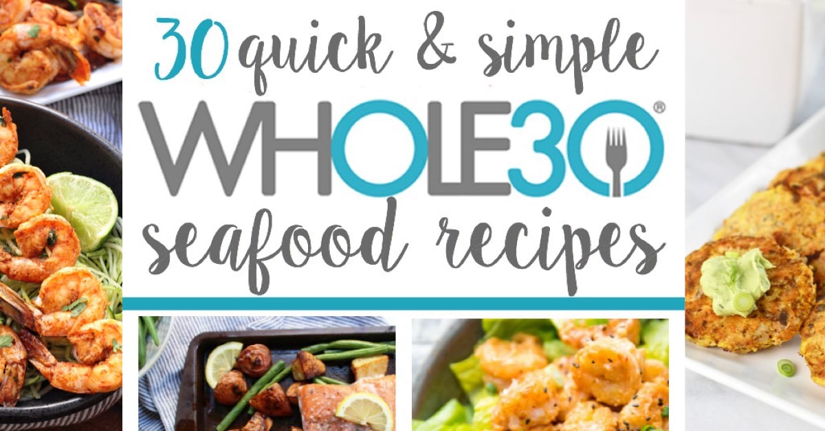 These 30 Whole30 seafood recipes are easy, family friendly Paleo fish recipes that will help you switch up your regular weeknight routine. If you're stuck in a boring chicken rut, this is for you! From Whole30 salmon recipes, shrimp, tuna to mahi-mahi, this list will add some much needed variety to your meal plan! #whole30seafood #paleoseafood #whole30fishrecipes #paleofishrecipes