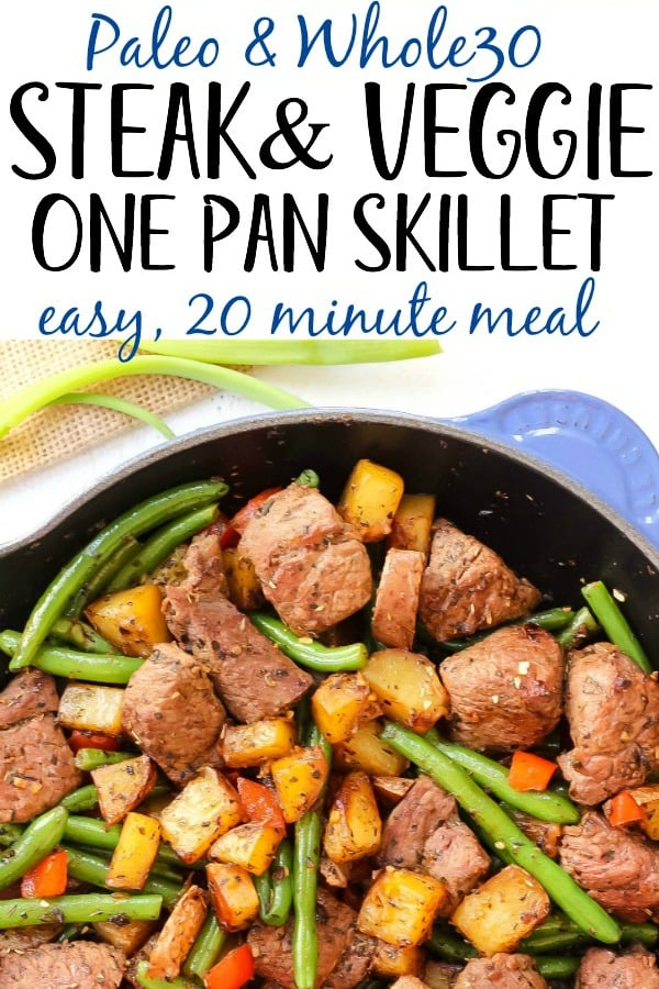 This easy Whole30 steak skillet is full of flavor and healthy veggies. It's a new favorite Paleo one pan meal around here that only takes 20 minutes! Making everything in one skillet is my go-to for quick meal prepping or making a clean eating and family friendly weeknight dinner. #whole30beefrecipes #whole30onepan #paleoonepan #paleobeefrecipes