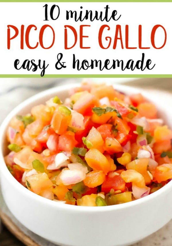 This easy Pico de Gallo is a fresh Whole30 and Paleo salsa option. It takes 10 minutes to have a delicious homemade pico for tacos, tortilla chips, salads, or fajitas! This Pico de Gallo is made with only a few simple ingredients like tomatoes, cilantro, onions, and lime juice! #whole30salsa #whole30pico #paleosalsa #picodegallo