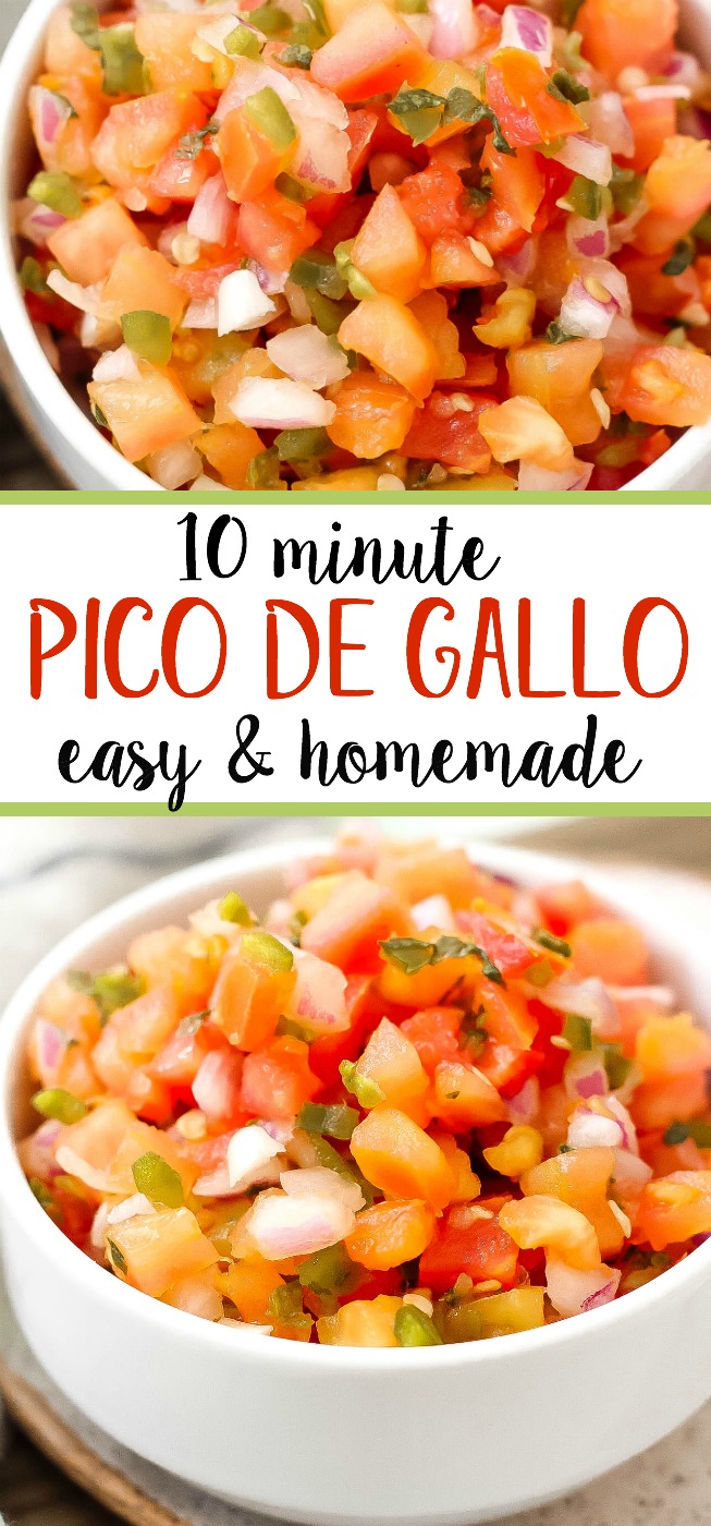 This easy Pico de Gallo is a fresh Whole30 and Paleo salsa option. It takes 10 minutes to have a delicious homemade pico for tacos, tortilla chips, salads, or fajitas! This Pico de Gallo is made with only a few simple ingredients like tomatoes, cilantro, onions, and lime juice! #whole30salsa #whole30pico #paleosalsa #picodegallo