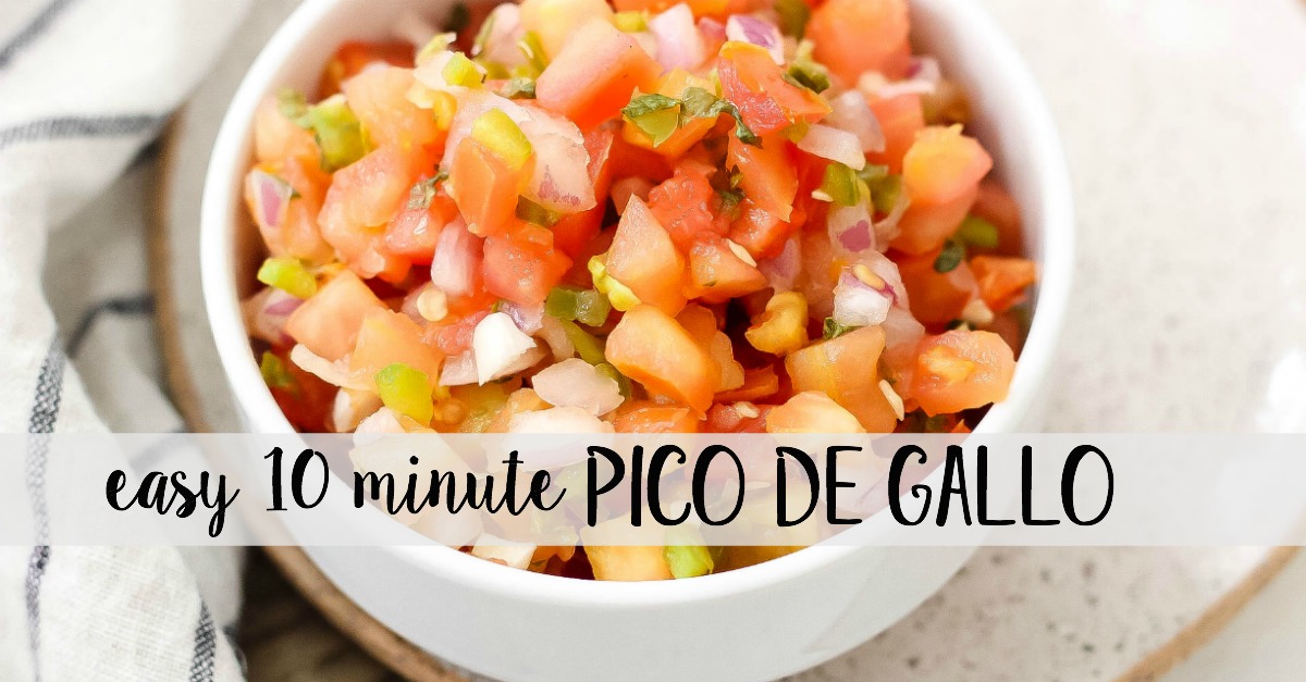 This easy Pico de Gallo is a fresh Whole30 and Paleo salsa option. It takes 10 minutes to have a delicious homemade pico for tacos, tortilla chips, salads, or fajitas! This Pico de Gallo is made with only a few simple ingredients like tomatoes, cilantro, onions, and lime juice! #whole30salsa #whole30pico #paleosalsa #picodegallo