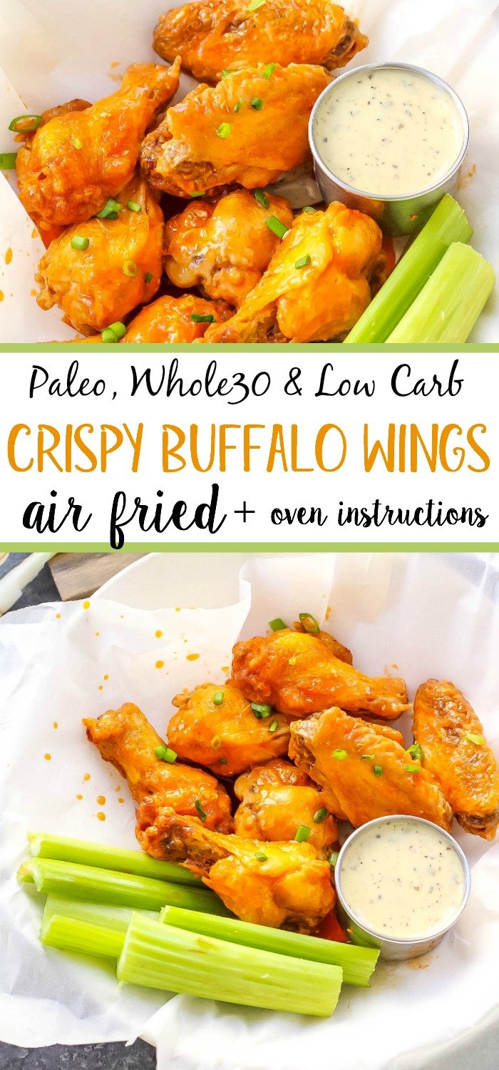 Healthy, low carb buffalo wings in the air fryer! This paleo air fryer chicken wing recipe is Whole30 and doesn't leave you any dishes to wash! It's a paleo family friendly option that you can make in the oven too! #whole30airfryer #airfryerwings #airfryerpaleo #airfryerketo