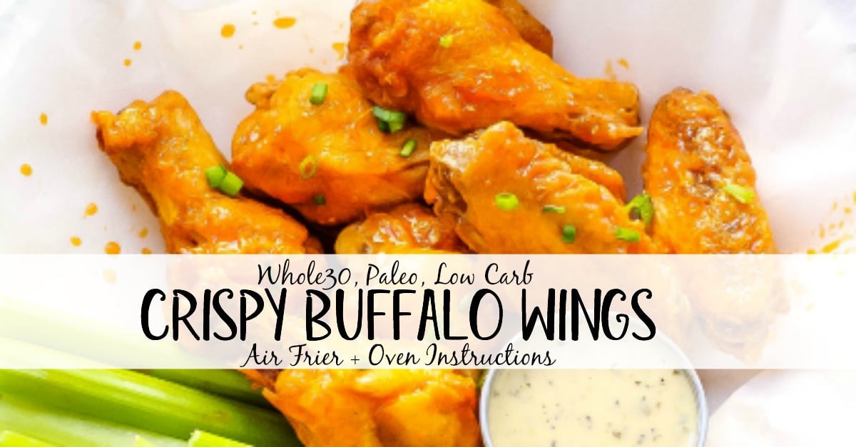 air fryer buffalo wings Healthy, low carb buffalo wings in the air fryer! This paleo air fryer chicken wing recipe is Whole30 and doesn't leave you any dishes to wash! It's a paleo family friendly option that you can make in the oven too! #whole30airfryer #airfryerwings #airfryerpaleo #airfryerketo