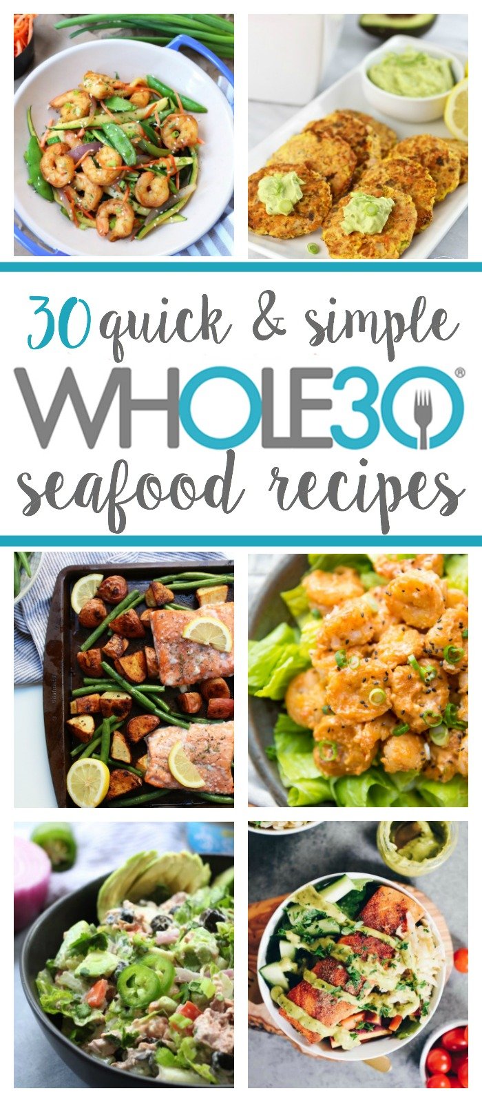 These 30 Whole30 seafood recipes are easy, family friendly Paleo fish recipes that will help you switch up your regular weeknight routine. If you're stuck in a boring chicken rut, this is for you! From Whole30 salmon recipes, shrimp, tuna to mahi-mahi, this list will add some much needed variety to your meal plan! #whole30seafood #paleoseafood #whole30fishrecipes #paleofishrecipes