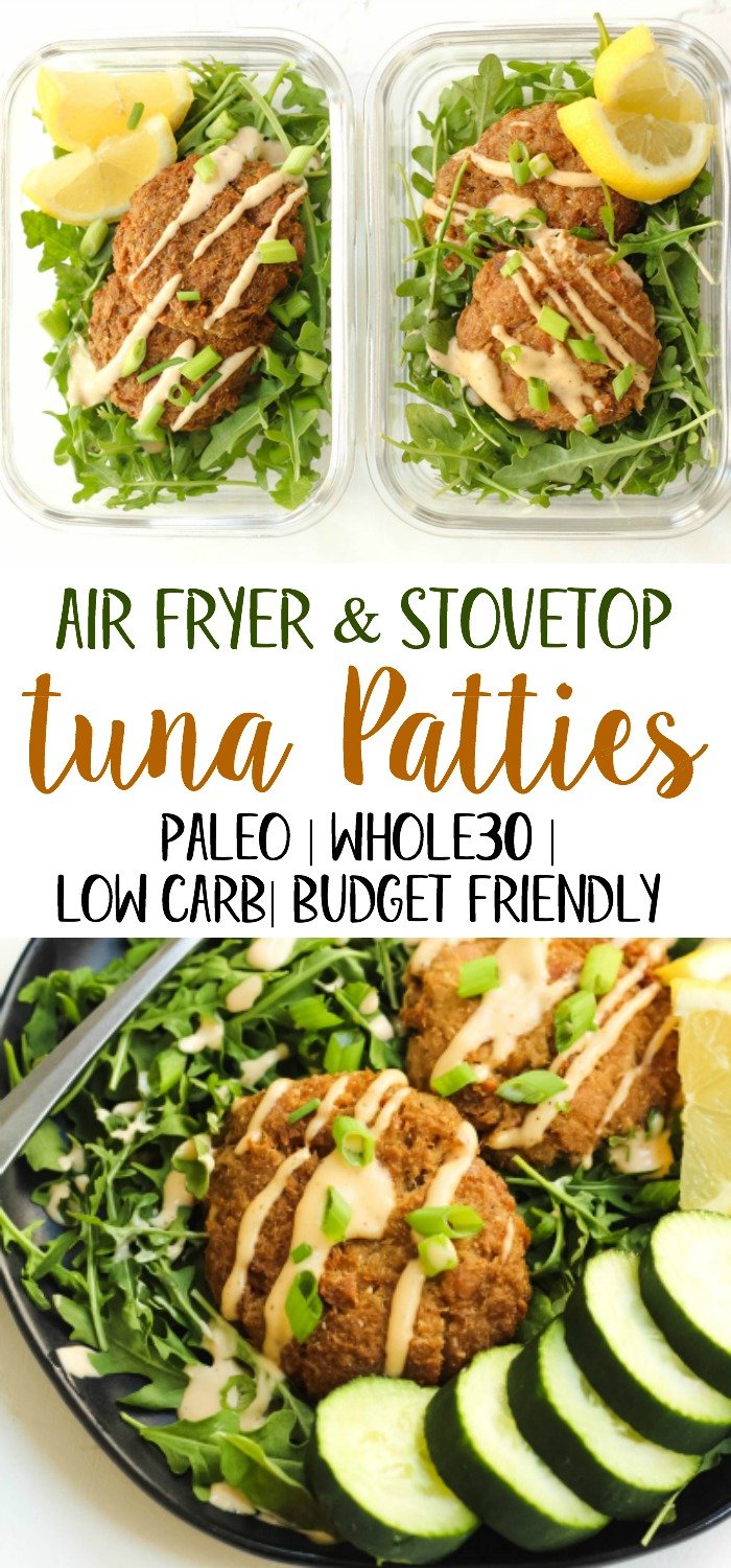These Whole30 air fryer tuna patties are Paleo, keto, and a great budget friendly meal. Tuna is often an emergency food we keep in our pantry, but this family friendly recipe changes totally changes that! With just a few cans of tuna and some simple additions, you've got crispy patties for dinner or meal prep. #whole30airfryer #airfryer #paleoairfryer #paleotunapatties