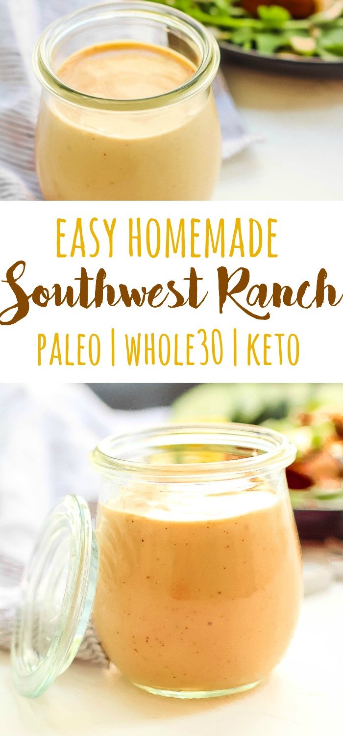 This Whole30 homemade southwest ranch dressing is the creamy ranch you love, but with a little kick to spice up your Paleo meals. It comes together in under 10 minutes, and you don't need any fancy ingredients! #whole30dressings #homemadedressing #southwestranch #paleoranch #whole30ranch