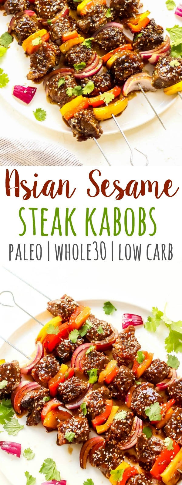 These Asian sesame Whole30 steak kabobs are marinaded in a quick and easy Whole30 and Paleo marinade that make the grilled steak kabobs really come to life! It's a simple Whole30 steak kabob recipe that anyone can whip up, and it's even easier to grill. #whole30steak #paleosteak #whole30grilling #ketosteak