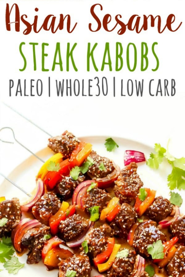 These Asian sesame Whole30 steak kabobs are marinaded in a quick and easy Whole30 and Paleo marinade that make the grilled steak kabobs really come to life! It's a simple Whole30 steak kabob recipe that anyone can whip up, and it's even easier to grill. #whole30steak #paleosteak #whole30grilling #ketosteak