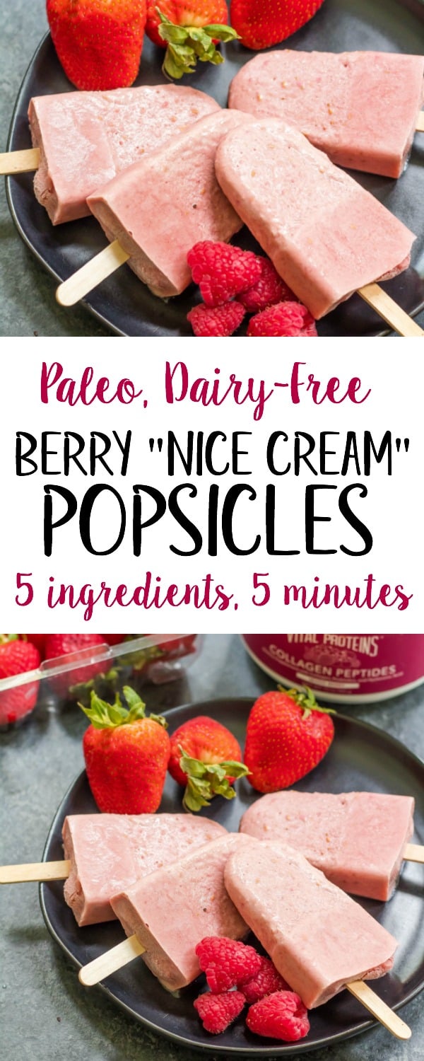 Summer is here! Time to cold down with a treat that's actually good for you! These collagen peptide packed berry popsicles are dairy free, and totally Paleo. Using only 4 other simple ingredients, fresh fruit and only a blender, these Paleo popsicles are going to be on repeat all summer long. #paleopopsicle #dairyfreepopsicle #berrypopsicle #collagenpeptides