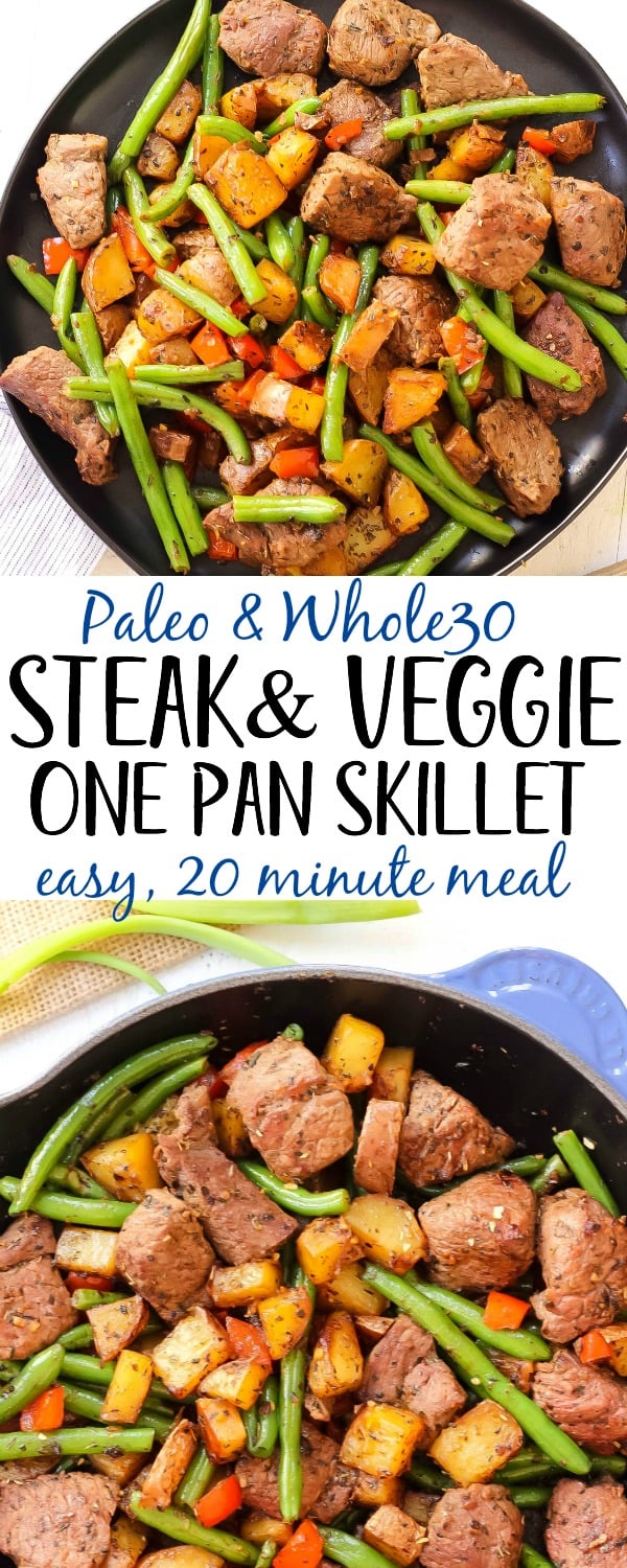 This easy Whole30 steak skillet is full of flavor and healthy veggies. It's a new favorite Paleo one pan meal around here that only takes 20 minutes! Making everything in one skillet is my go-to for quick meal prepping or making a clean eating and family friendly weeknight dinner. #whole30beefrecipes #whole30onepan #paleoonepan #paleobeefrecipes