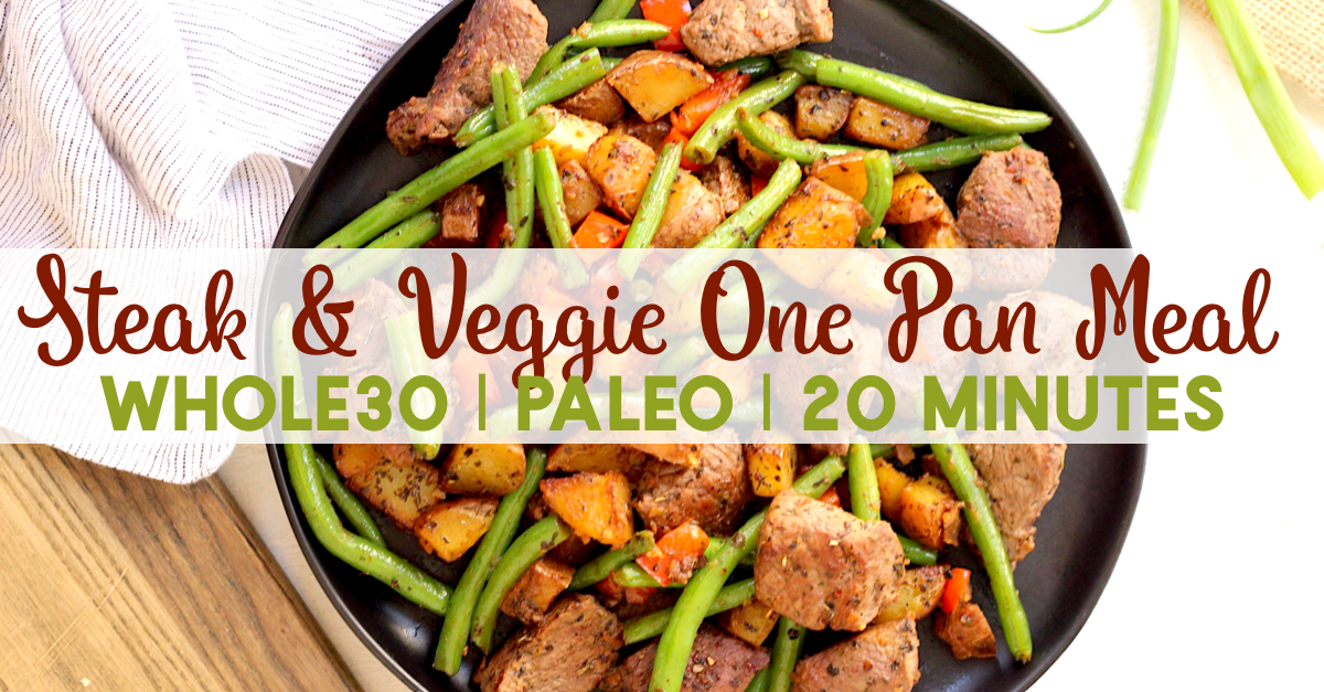 This easy Whole30 steak skillet is full of flavor and healthy veggies. It's a new favorite Paleo one pan meal around here that only takes 20 minutes! Making everything in one skillet is my go-to for quick meal prepping or making a clean eating and family friendly weeknight dinner. #whole30beefrecipes #whole30onepan #paleoonepan #paleobeefrecipes