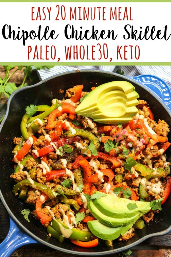 This Whole30 chipotle chicken skillet checks all of my boxes. Paleo, low carb, gluten free, you name it. In under 20 minutes you've got a family friendly chicken dinner on the table or ready to be put in the fridge for meal prep. It's easy to make this Whole30 chicken recipe your own by swapping the veggies! #whole30skillet #whole30chickenrecipe #paleochickenrecipe #paleoskillet