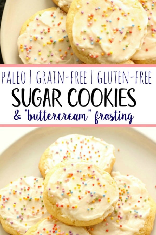 These chewy and soft Paleo sugar cookies are gluten free, dairy free and so chewy and delicious! With these clean, better-for-you ingredients, you won't even know they're grain free. They're perfect for your next party, cookie swap, or just a healthier treat option! #paleosugarcookies #grainfreesugarcookies #grainfreedessert