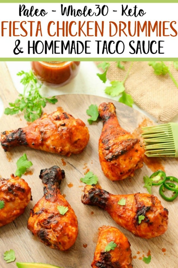 These fiesta Whole30 chicken drumsticks are marinaded in the best ever homemade Paleo and Whole30 taco sauce. The homemade taco sauce is only a few simple ingredients, and when you throw the chicken drumsticks on the grill, you have an easy dinner or protein for meal prep in under 30 minutes! Even if you want to use the oven baked method, these are the best tasting marinaded drumsticks! #whole30chickendrumsticks #homemadetacosauce #paleochickenrecipes #whole30tacosauce