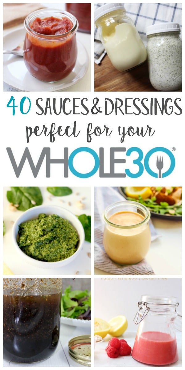 Eating clean or doing a Whole30 doesn't have to be boring, especially when you can add homemade Whole30 sauces and dressings! These Paleo and dairy free sauces and dressings are easy to make yourself, help keep Whole30 cheap, and add much needed variety to your meals or meal prep! #whole30homemadedressings #whole30dressings #paleodressings #diydressings