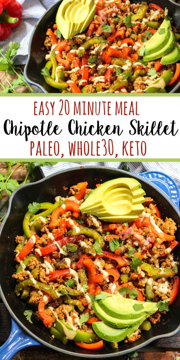 This Whole30 chipotle chicken skillet checks all of my boxes. Paleo, low carb, gluten free, you name it. In under 20 minutes you've got a family friendly chicken dinner on the table or ready to be put in the fridge for meal prep. It's easy to make this Whole30 chicken recipe your own by swapping the veggies! #whole30skillet #whole30chickenrecipe #paleochickenrecipe #paleoskillet