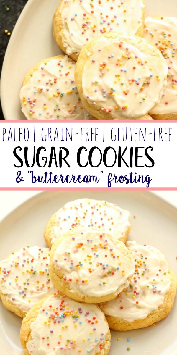 These chewy and soft Paleo sugar cookies are gluten free, dairy free and so chewy and delicious! With these clean, better-for-you ingredients, you won't even know they're grain free. They're perfect for your next party, cookie swap, or just a healthier treat option! #paleosugarcookies #grainfreesugarcookies #grainfreedessert