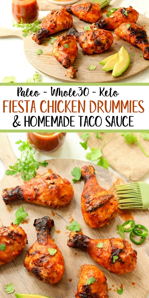 These fiesta Whole30 chicken drumsticks are marinaded in the best ever homemade Paleo and Whole30 taco sauce. The homemade taco sauce is only a few simple ingredients, and when you throw the chicken drumsticks on the grill, you have an easy dinner or protein for meal prep in under 30 minutes! Even if you want to use the oven baked method, these are the best tasting marinaded drumsticks! #whole30chickendrumsticks #homemadetacosauce #paleochickenrecipes #whole30tacosauce