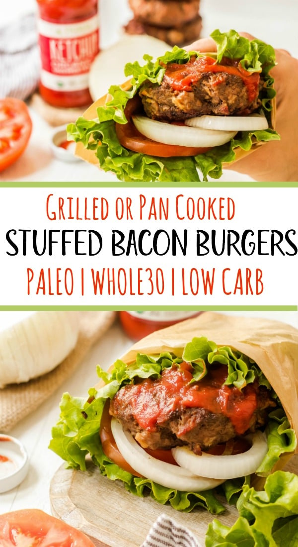 These stuffed Whole30 bacon burgers are going to be the star of your next outdoor get-together. They're easy to make on the grill or on the stovetop, and perfectly customizable for all of your party guests! These juicy burgers are full of flavor, topped with the best condiments, and great for dinner no matter if you're eating keto, Paleo or Whole30! #whole30burgers #ketoburgers #paleoburgers #whole30beefrecipes #ketobeefrecipes