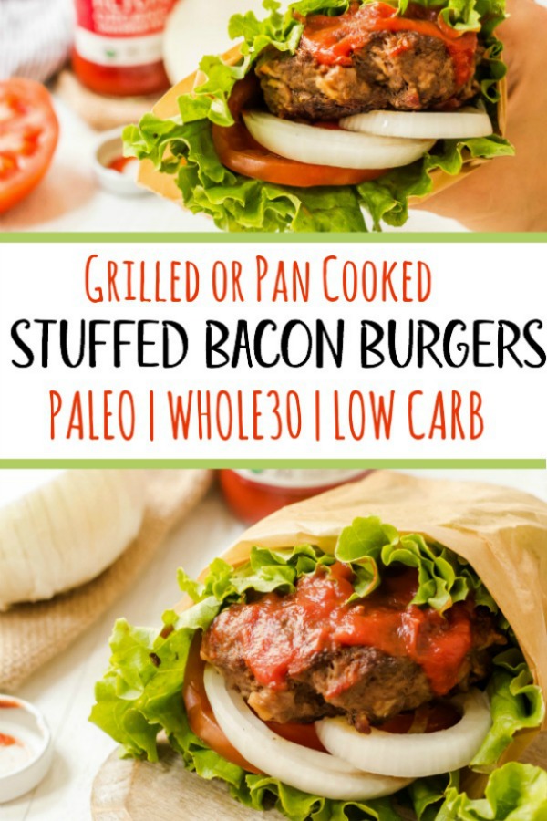 These stuffed Whole30 bacon burgers are going to be the star of your next outdoor get-together. They're easy to make on the grill or on the stovetop, and perfectly customizable for all of your party guests! These juicy burgers are full of flavor, topped with the best condiments, and great for dinner no matter if you're eating keto, Paleo or Whole30! #whole30burgers #ketoburgers #paleoburgers #whole30beefrecipes #ketobeefrecipes