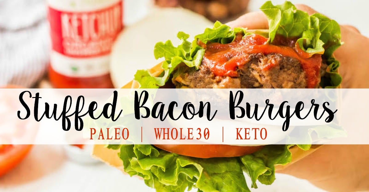 These stuffed Whole30 bacon burgers are going to be the star of your next outdoor get-together. They're easy to make on the grill or on the stovetop, and perfectly customizable for all of your party guests! These juicy burgers are full of flavor, topped with the best condiments, and great for dinner no matter if you're eating keto, Paleo or Whole30! #whole30burgers #ketoburgers #paleoburgers #whole30beefrecipes #ketobeefrecipes