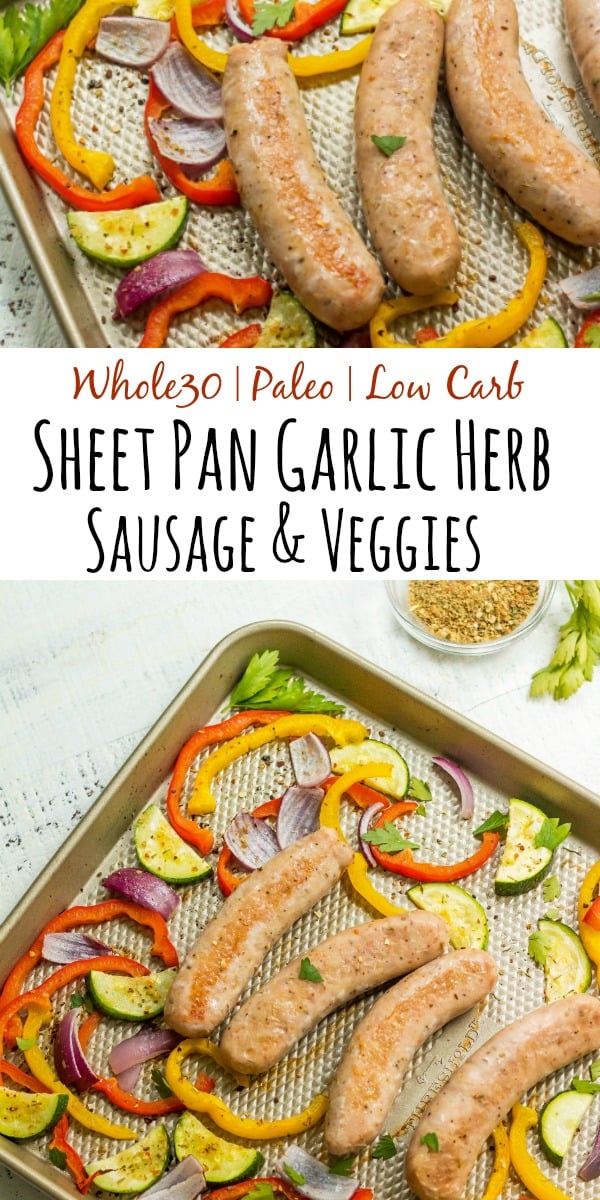 This Whole30 sheet pan sausage recipe is the perfect healthy weeknight dinner option that's family friendly, and clean up free! Or it makes an easy Paleo, Whole30 or keto meal prep recipe to keep your meal plan simple. Using chicken sausage, lots of veggies and delicious seasonings, dinner will be done in 30 minutes! #whole30sheetpan #whole30sausage #paleosheetpan #ketosheetpan