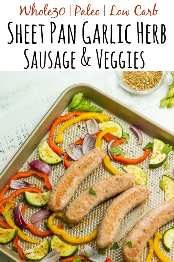 This Whole30 sheet pan sausage recipe is the perfect healthy weeknight dinner option that's family friendly, and clean up free! Or it makes an easy Paleo, Whole30 or keto meal prep recipe to keep your meal plan simple. Using chicken sausage, lots of veggies and delicious seasonings, dinner will be done in 30 minutes! #whole30sheetpan #whole30sausage #paleosheetpan #ketosheetpan