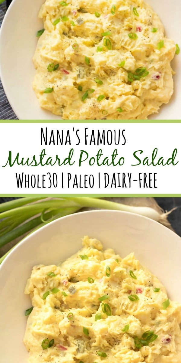 This Whole30 mustard potato salad is a family favorite. My Nana gets all the credit for it, but I tweaked it to make it totally Paleo, Whole30 and dairy-free! The pickles and yellow mustard flavors are one I always look forward to. I love making this potato salad in the summer for parties or meal prep #whole30potatosalad #paleopotatosalad #mustardpotatosalad