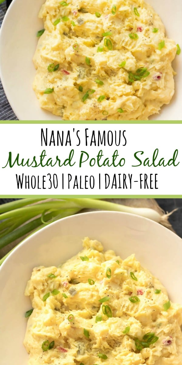 This Whole30 mustard potato salad is a family favorite. My Nana gets all the credit for it, but I tweaked it to make it totally Paleo, Whole30 and dairy-free! The pickles and yellow mustard flavors are one I always look forward to. I love making this potato salad in the summer for parties or meal prep #whole30potatosalad #paleopotatosalad #mustardpotatosalad