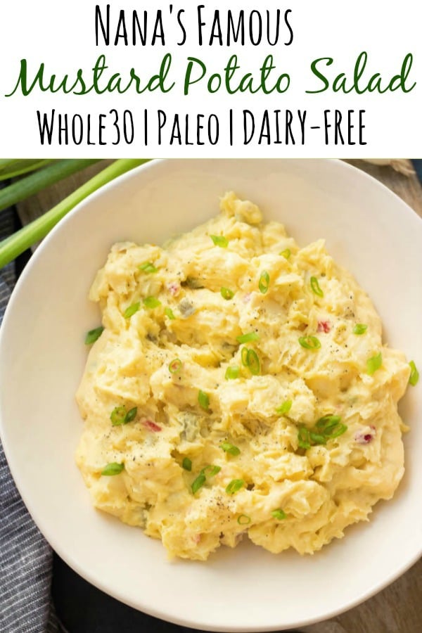 This Whole30 mustard potato salad is a family favorite. My Nana gets all the credit for it, but I tweaked it to make it totally Paleo, Whole30 and dairy-free! The pickles and yellow mustard flavors are one I always look forward to. I love making this potato salad in the summer for parties or meal prep #whole30potatosalad #paleopotatosalad #mustardpotatosalad