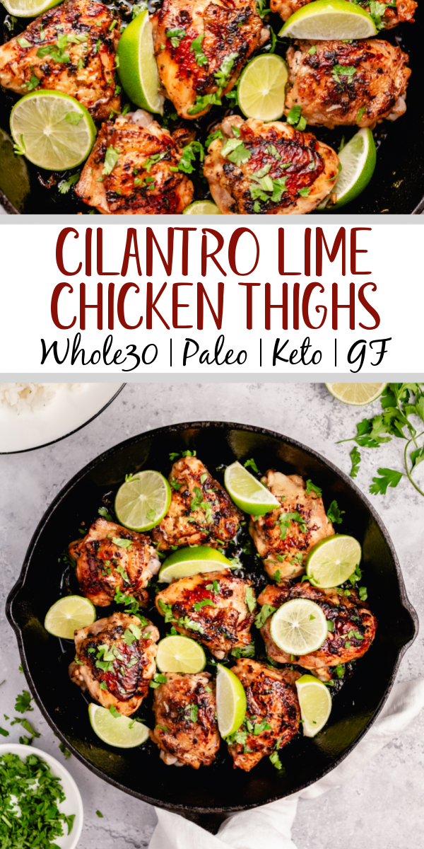 These crispy Whole30 cilantro lime chicken thighs are so delicious, and so easy to make. The skin gets perfectly crispy using this simple cooking method. They're awesome for meal prepping, or for an easy weeknight dinner. Not only are these Whole30 chicken thighs, but they're Paleo, gluten free and low carb too! #chickenthighs #cilantrolime #whole30chicken #lowcarbchicken