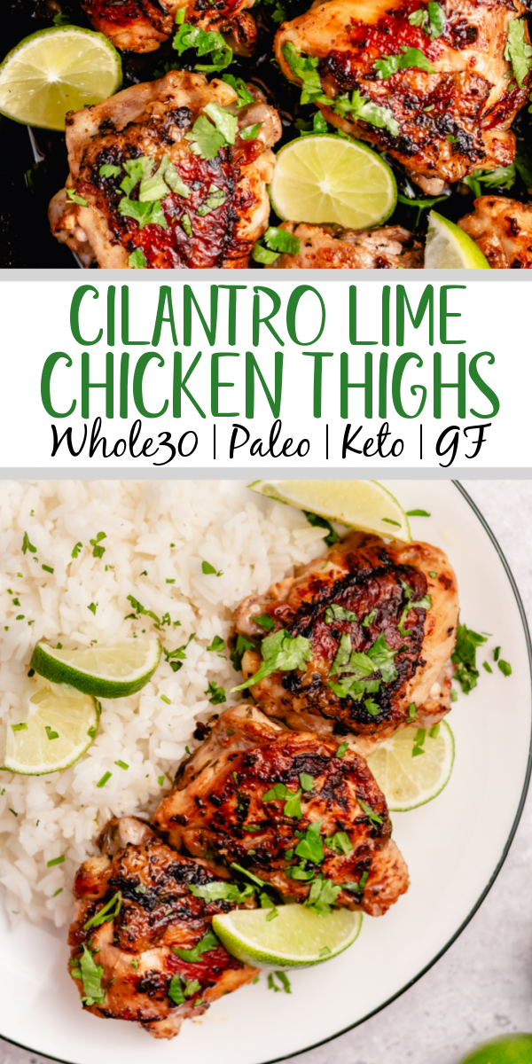 These crispy Whole30 cilantro lime chicken thighs are so delicious, and so easy to make. The skin gets perfectly crispy using this simple cooking method. They're awesome for meal prepping, or for an easy weeknight dinner. Not only are these Whole30 chicken thighs, but they're Paleo, gluten free and low carb too! #chickenthighs #cilantrolime #whole30chicken #lowcarbchicken