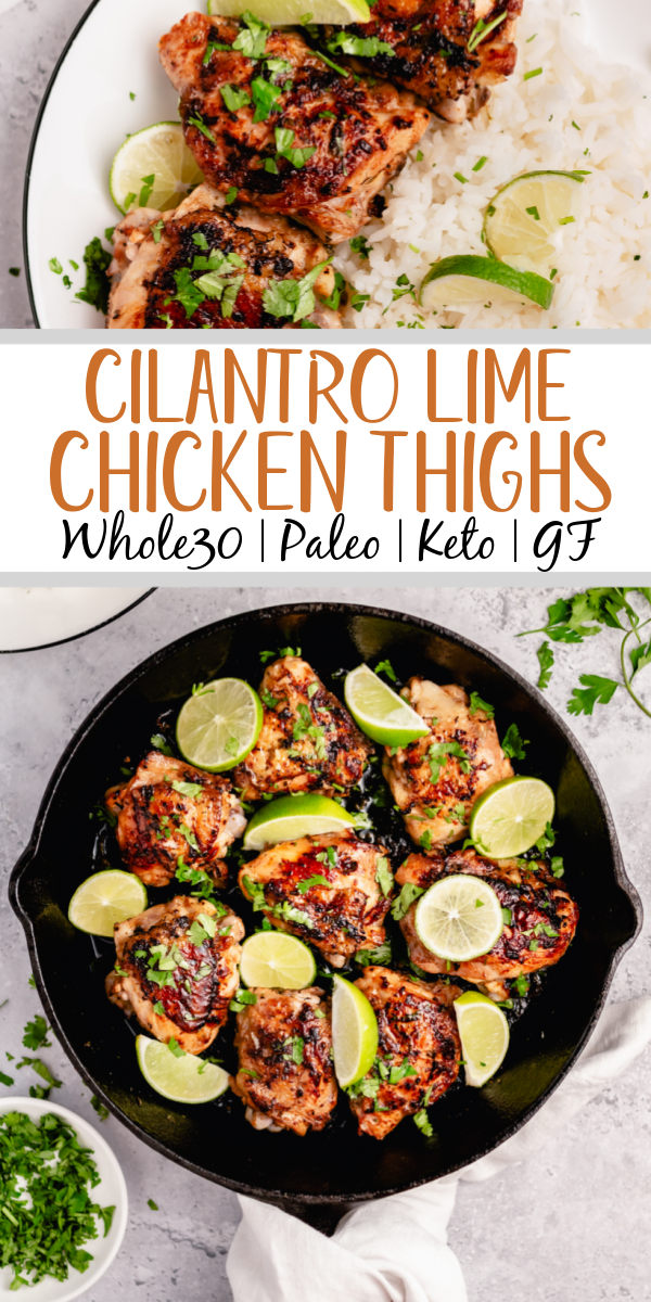 These crispy Whole30 cilantro lime chicken thighs are so delicious, and so easy to make. The skin gets perfectly crispy using this simple cooking method. They're awesome for meal prepping, or for an easy weeknight dinner. Not only are these Whole30 chicken thighs, but they're Paleo, gluten free and low carb too! #chickenthighs #cilantrolime #whole30chicken #lowcarbchicken
