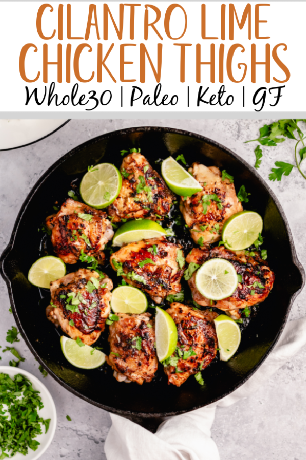 These crispy Whole30 cilantro lime chicken thighs are so delicious, and so easy to make. The skin gets perfectly crispy using this simple cooking method. They're awesome for meal prepping, or for an easy weeknight dinner. Not only are these Whole30 chicken thighs, but they're Paleo, gluten free and low carb too! #chickenthighs #cilantrolime #whole30chicken #lowcarbchicken