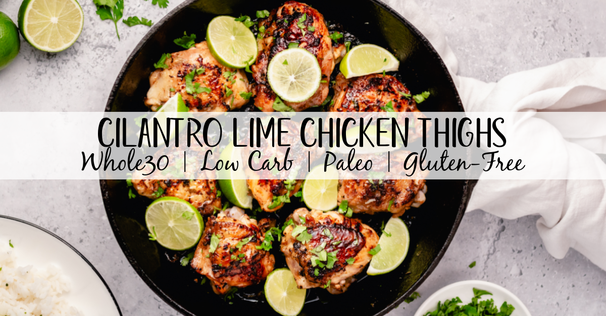 These crispy Whole30 cilantro lime chicken thighs are so delicious, and so easy to make. The skin gets perfectly crispy using this simple cooking method. They're awesome for meal prepping, or for an easy weeknight dinner. Not only are these Whole30 chicken thighs, but they're Paleo, gluten free and low carb too! #chickenthighs #cilantrolime #whole30chicken #lowcarbchicken