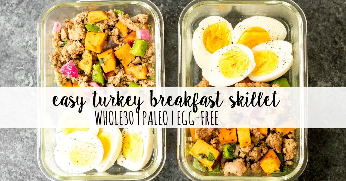 This Whole30 turkey breakfast skillet is a quick and easy, family friendly egg free breakfast. It's perfect for meal prep, and you can always add an egg to it! It's filling and hearty, and full of flavorful veggies and spices. One pan meals are the way to go for fast meal prepping, and this Whole30 breakfast skillet is the ticket to an easy morning! #whole30breakfast #whole30breakfastskillet #paleobreakfast #whole30turkeyrecipes whole30 turkey breakfast skillet