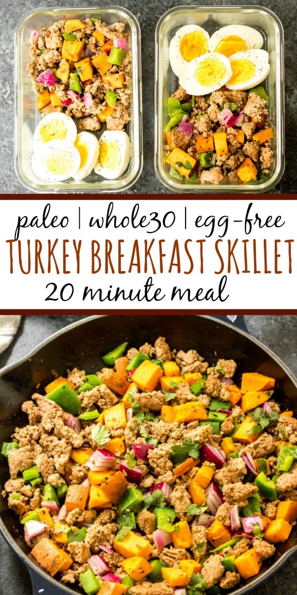 This Whole30 turkey breakfast skillet is a quick and easy, family friendly egg free breakfast. It's perfect for meal prep,  and you can always add an egg to it! It's filling and hearty, and full of flavorful veggies and spices. One pan meals are the way to go for fast meal prepping, and this Whole30 breakfast skillet is the ticket to an easy morning! #whole30breakfast #whole30breakfastskillet #paleobreakfast #whole30turkeyrecipes