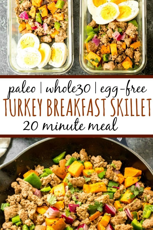 This Whole30 turkey breakfast skillet is a quick and easy, family friendly egg free breakfast. It's perfect for meal prep,  and you can always add an egg to it! It's filling and hearty, and full of flavorful veggies and spices. One pan meals are the way to go for fast meal prepping, and this Whole30 breakfast skillet is the ticket to an easy morning! #whole30breakfast #whole30breakfastskillet #paleobreakfast #whole30turkeyrecipes