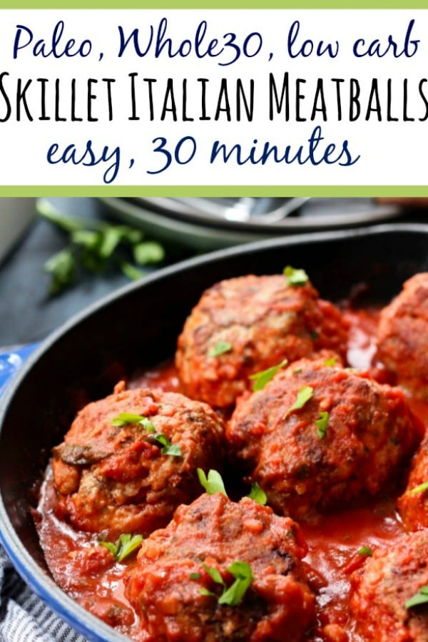 These Whole30 skillet meatballs are cooked up in one pan on the stovetop with the marinara, no oven needed! It's a quick and easy weeknight dinner or meal prep recipe that covers all your dietary bases, Whole30, Paleo, low carb, dairy-free, you name it. Just some good, flavorful Italian style meatballs. #whole30meatballs #whole30onepan #paleomeatballs