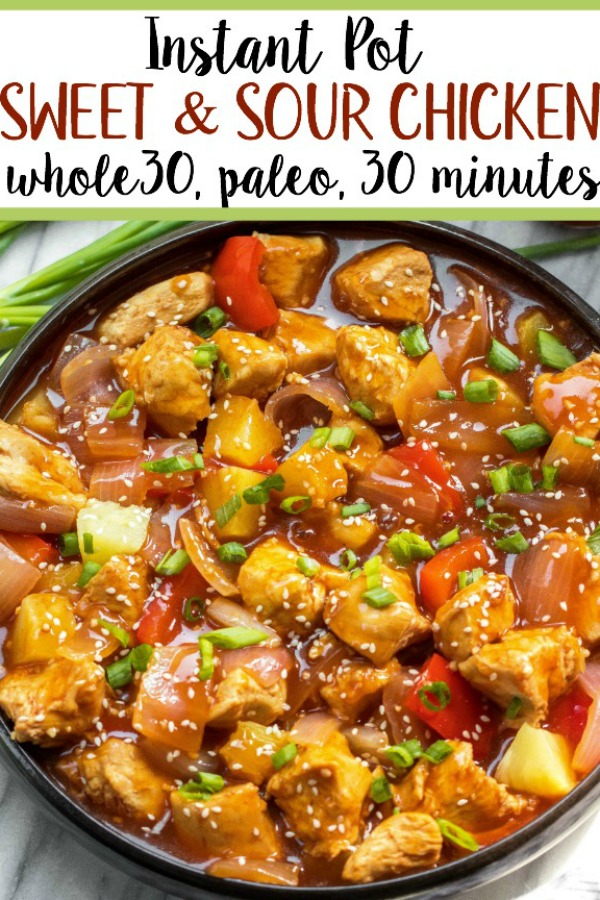 Whole30 instant pot sweet and sour chicken is so easy and so quick to make. It's completely Paleo, sugar free, gluten free, and made in less 30 minutes. The simplicity of this recipe makes it perfect for a weeknight meal that's family friendly, or for Whole30 meal prep. #whole30instantpot #instantpotsweetandsour #sweetandsourchicken #whole30chicken #paleoinstantpot