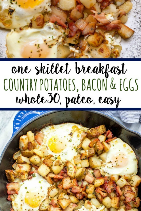 This is one of the easiest and tastiest Whole30 breakfast skillets. These country potatoes, bacon and eggs make a pretty complete and healthy breakfast in only one pan, making clean up a breeze! This paleo breakfast is a classic, and it's always a hearty, filling go-to everyone will love! #whole30breakfast #whole30breakfastskillet #whole30breakfastrecipes #whole30bacon This is one of the easiest and tastiest Whole30 breakfast skillets. These country potatoes, bacon and eggs make a pretty complete and healthy breakfast in only one pan, making clean up a breeze! This paleo breakfast is a classic, and it's always a hearty, filling go-to everyone will love! #whole30breakfast #whole30breakfastskillet #whole30breakfastrecipes #whole30bacon