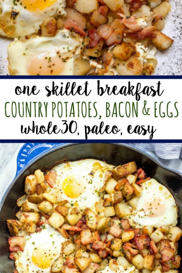 This is one of the easiest and tastiest Whole30 breakfast skillets. These country potatoes, bacon and eggs make a pretty complete and healthy breakfast in only one pan, making clean up a breeze! This paleo breakfast is a classic, and it's always a hearty, filling go-to everyone will love! #whole30breakfast #whole30breakfastskillet #whole30breakfastrecipes #whole30bacon